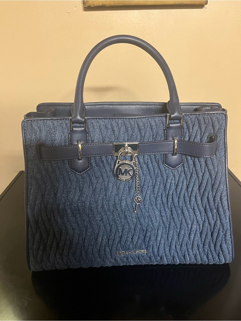 EUC Michael Kors Hamilton Denim-Textured Navy Satchel with Shoulder Strap - Picture 2 of 14
